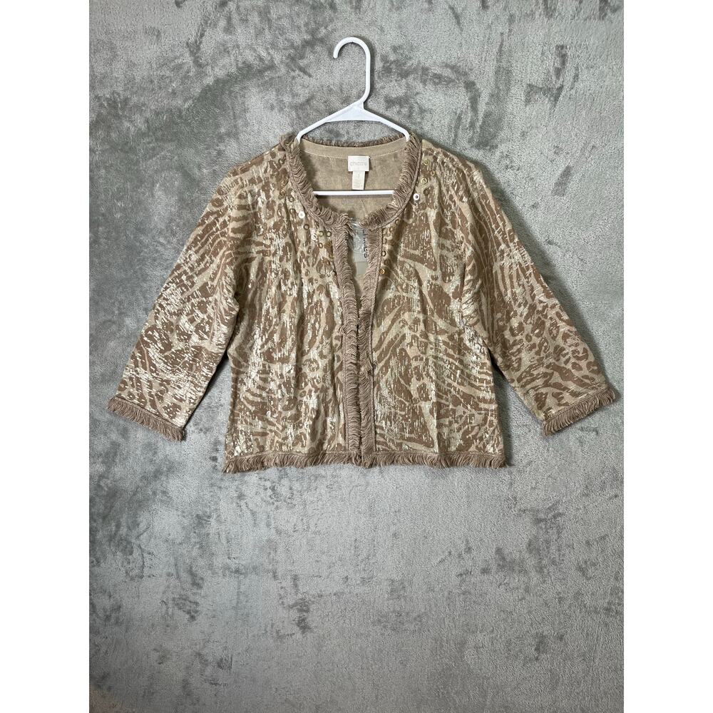 Chico’s Foiled‎ Animal Print Open Front 3/4 Sleeve Cardigan Linen Boho Chic New